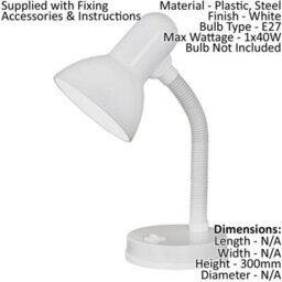 Adjustable White Steel Table Lamp With E27 Bulb Holder And Rocker Switch - thumbnail 2