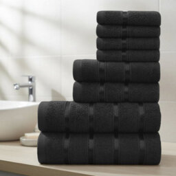 Casabella Towels Set, 8 Pc Towels For Bathroom, 100% Cotton, 2 Bath Towels, 2 Hand Towels, 4 Face Cloth, Black
