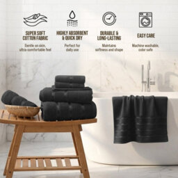 Casabella Towels Set, 8 Pc Towels For Bathroom, 100% Cotton, 2 Bath Towels, 2 Hand Towels, 4 Face Cloth, Black - thumbnail 5