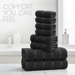Casabella Towels Set, 8 Pc Towels For Bathroom, 100% Cotton, 2 Bath Towels, 2 Hand Towels, 4 Face Cloth, Black - thumbnail 6