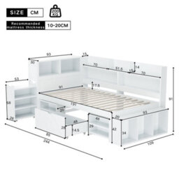 Abrihome 3Ft Single Multifunctional Kid's Bed With Drawers(90X190Cm), Bookcase And Storage Cupboard, Bed Frame Without Mattress, White - thumbnail 7