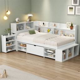 Abrihome 3Ft Single Multifunctional Kid's Bed With Drawers(90X190Cm), Bookcase And Storage Cupboard, Bed Frame Without Mattress, White - thumbnail 1