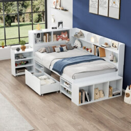 Abrihome 3Ft Single Multifunctional Kid's Bed With Drawers(90X190Cm), Bookcase And Storage Cupboard, Bed Frame Without Mattress, White - thumbnail 4