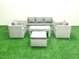 Fimous Rattan Garden Furniture Set 6 Pieces Outdoor Garden Sofa Oblong Coffee Table Set 2 Chairs Side Tabe Stool Light Grey - thumbnail 1