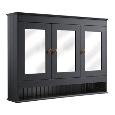 Homestylestore 1050 X 750mm Black Grey Wall Mounted Mirrored Door Bathroom Cabinet And Brushed Copper Round Handles - image 1