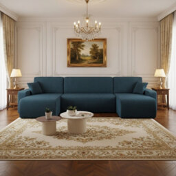 Piano U Shape Corner Sofa Bed Soft Corduroy Fabric Settee With Sleep Function Storage Large 3 Seater Blue