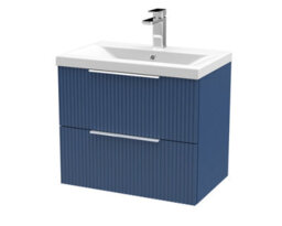Hudson Reed Fluted Wall Hung 2-Drawer Vanity And Mid-Edge Basin, Contemporary Sink Vanity Unit, Satin Blue, 600mm - thumbnail 4