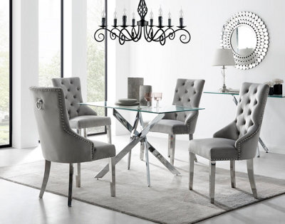 Furniturebox Leonardo 4 Seater Rectangular Glass Dining Table With Silver Metal Starburst Legs & 4 Grey Belgravia Velvet Chairs - image 1