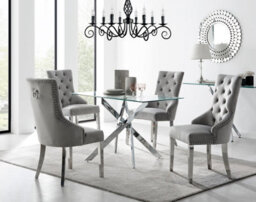 Furniturebox Leonardo 4 Seater Rectangular Glass Dining Table With Silver Metal Starburst Legs & 4 Grey Belgravia Velvet Chairs