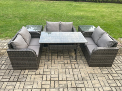 Fimous 6 Seater Outdoor Rattan Garden Furniture Set With Patio Love Sofa Rectangular Dining Table 2 Side Tables Dark Grey Mixed - image 1