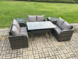Fimous 6 Seater Outdoor Rattan Garden Furniture Set With Patio Love Sofa Rectangular Dining Table 2 Side Tables Dark Grey Mixed - thumbnail 2