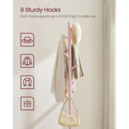 Songmics Vasagle Wooden Coat Stand, Standing Hall Tree Rack With Rubberwood Hooks, Hallway Organizer For Coats Purses, Jelly Pink - thumbnail 3