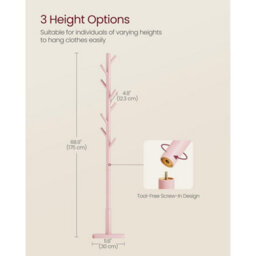 Songmics Vasagle Wooden Coat Stand, Standing Hall Tree Rack With Rubberwood Hooks, Hallway Organizer For Coats Purses, Jelly Pink - thumbnail 2