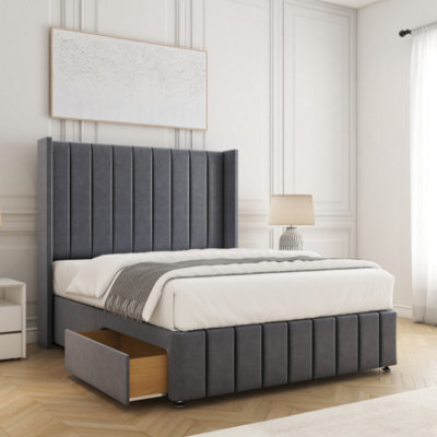 Bsspoke Zoe Divan Bed Set In Steel Plush Velvet With 54Inch Headboard & Footboard 2Drawers Footend & No Mattress In All Sizes - image 1