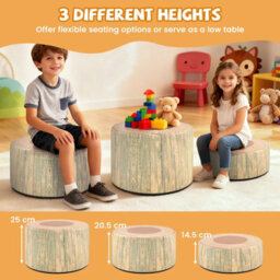 Gainoom 3-Piece Natural Tree Stump Stool Set Kids Floor Cushions Toddlers Round Stool Ottoman W/wood Printing Nature Decoration - thumbnail 7