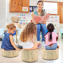 Gainoom 3-Piece Natural Tree Stump Stool Set Kids Floor Cushions Toddlers Round Stool Ottoman W/wood Printing Nature Decoration - thumbnail 3