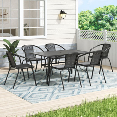 Thehotsale 150Cm L Garden Metal Slatted Coffee Table With Six Rattan Chairs Outdoor Rectangle Table In Black - image 1