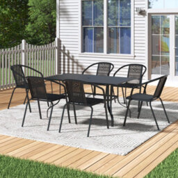 Thehotsale 150Cm L Garden Metal Slatted Coffee Table With Six Rattan Chairs Outdoor Rectangle Table In Black - thumbnail 2