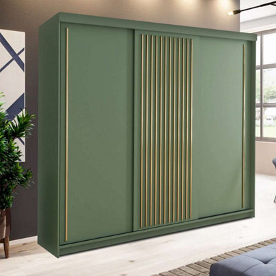 M N Furniture Ltd Wardrobe With Led Light Modern 2 Or 3 Door Sliding Wardrobe-Golden Trim Bedroom Cabinet 150Cm,203Cm,250Cm (Green 250Cm) - image 1