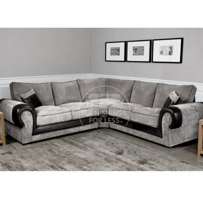 Furnishings For Less UK Large Portland  Black And Grey Fabric And Leather 5 Seater L Shaped Corner Sofa Range Roll Arm Fullback - image 1
