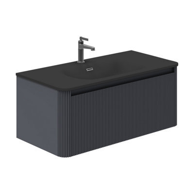 Plum&clay Isla Ribbed Fluted Grey Wall Hung Drawer Vanity Unit & Black Basin Set (W)1000mm - image 1