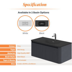 Plum&clay Isla Ribbed Fluted Grey Wall Hung Drawer Vanity Unit & Black Basin Set (W)1000mm - thumbnail 5
