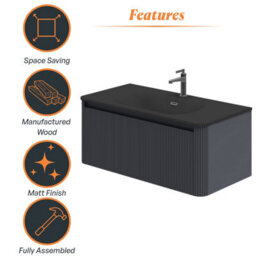 Plum&clay Isla Ribbed Fluted Grey Wall Hung Drawer Vanity Unit & Black Basin Set (W)1000mm - thumbnail 6
