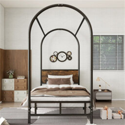 Abrihome Metal Bed, 3Ft Single Bed 90X190Cm, Canopy Single Bed, Sturdy Metal Frame, Black & Wood - thumbnail 9