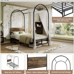 Abrihome Metal Bed, 3Ft Single Bed 90X190Cm, Canopy Single Bed, Sturdy Metal Frame, Black & Wood - thumbnail 2