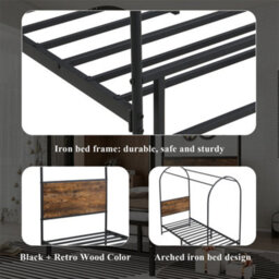 Abrihome Metal Bed, 3Ft Single Bed 90X190Cm, Canopy Single Bed, Sturdy Metal Frame, Black & Wood - thumbnail 3