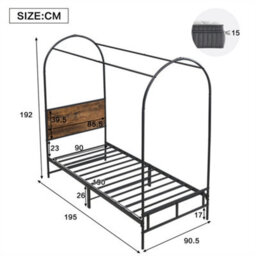 Abrihome Metal Bed, 3Ft Single Bed 90X190Cm, Canopy Single Bed, Sturdy Metal Frame, Black & Wood - thumbnail 4