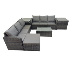 Fimous Outdoor 3 Seater Sofa Coffee Table Set Garden Rattan Furniture Set 7 Seater With Big Stool 2 Side Tables Dark Grey - thumbnail 2