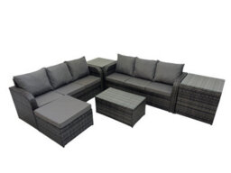 Fimous Outdoor 3 Seater Sofa Coffee Table Set Garden Rattan Furniture Set 7 Seater With Big Stool 2 Side Tables Dark Grey - thumbnail 1