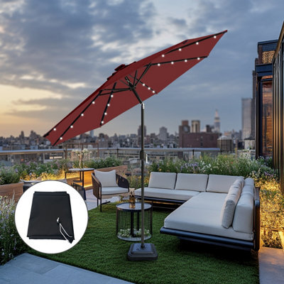 Sundaze 2.7M Wine Red Garden Parasol Umbrella With Solar Led Lights Crank Tilt Outdoor Patio, Base Weights & Black Cover - image 1