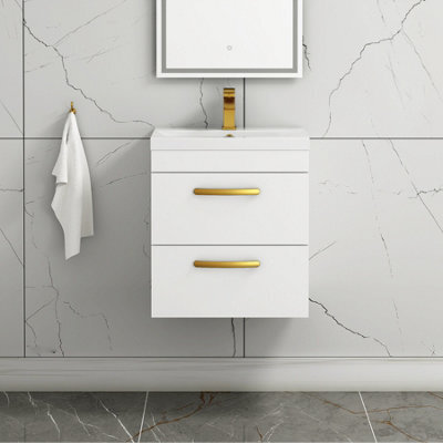 Royal Bathrooms Turin Gloss White 500mm Wall Hung Vanity Unit 2 Drawer With Mid-Edge Basin Sink & Brushed Brass Handles - image 1