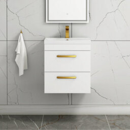 Royal Bathrooms Turin Gloss White 500mm Wall Hung Vanity Unit 2 Drawer With Mid-Edge Basin Sink & Brushed Brass Handles