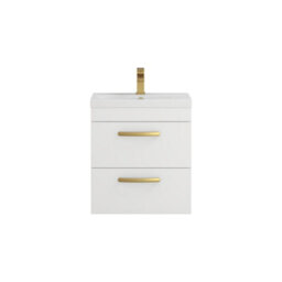Royal Bathrooms Turin Gloss White 500mm Wall Hung Vanity Unit 2 Drawer With Mid-Edge Basin Sink & Brushed Brass Handles - thumbnail 6