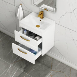 Royal Bathrooms Turin Gloss White 500mm Wall Hung Vanity Unit 2 Drawer With Mid-Edge Basin Sink & Brushed Brass Handles - thumbnail 3
