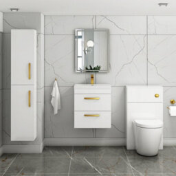 Royal Bathrooms Turin Gloss White 500mm Wall Hung Vanity Unit 2 Drawer With Mid-Edge Basin Sink & Brushed Brass Handles - thumbnail 2