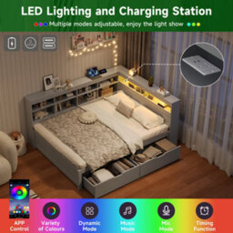 Abrihome Grey Wooden Double Daybed With 2 Drawers, Led Charging Station & Side Storage, Easy Assembly, No Mattress - thumbnail 3