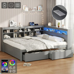 Abrihome Grey Wooden Double Daybed With 2 Drawers, Led Charging Station & Side Storage, Easy Assembly, No Mattress - thumbnail 4
