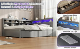 Abrihome Grey Wooden Double Daybed With 2 Drawers, Led Charging Station & Side Storage, Easy Assembly, No Mattress - thumbnail 5