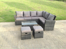 Fimous 8 Seater High Back Rattan Garden Furniture Set Corner Sofa With Oblong Coffee Table Stools - thumbnail 2
