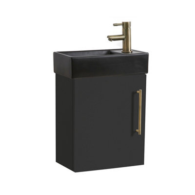Homestylestore 400mm Black Grey Wall Hung Bathroom Vanity Unit Black Basin And Aged Gold T Bar Handle - image 1