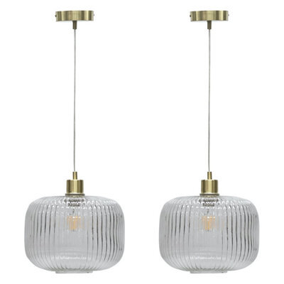 First Choice Lighting Set Of 2 Baton - White Ribbed Oval Glass With Satin Brass Pendants - image 1