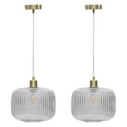 First Choice Lighting Set Of 2 Baton - White Ribbed Oval Glass With Satin Brass Pendants - thumbnail 1