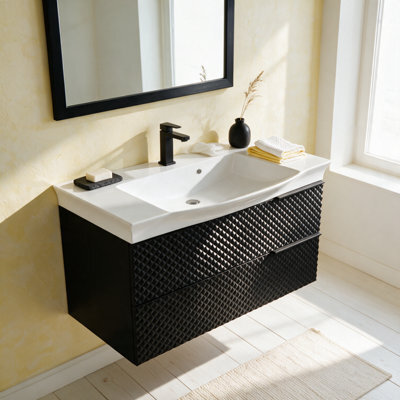 Bathroom City Elvia 950mm Black Bathroom Vanity Unit & Basin Set - Wide Diamond Front Cabinet With Storage Drawers - Black Handle - image 1