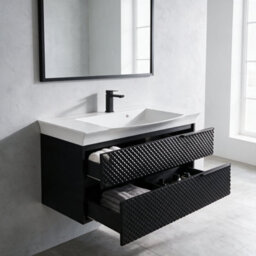 Bathroom City Elvia 950mm Black Bathroom Vanity Unit & Basin Set - Wide Diamond Front Cabinet With Storage Drawers - Black Handle - thumbnail 4