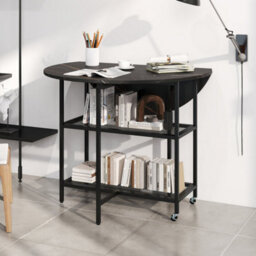 100Cm Black Round Kitchen Table Modern Dining Table W/drop Leaf Tabletop - thumbnail 4