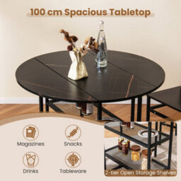 100Cm Black Round Kitchen Table Modern Dining Table W/drop Leaf Tabletop - thumbnail 6